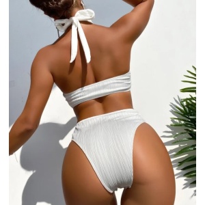 Costum de baie intreg sexy, ridat, cu decupaje la bust si abdomen, alb #ZZ1942 - Img 2