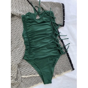 Costum de baie intreg sidefat, cu snururi laterale decorative si decupaj la spate, verde #ZZ1912 - Img 3