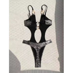 Costum de baie intreg tanga, cu accesorii metalice si decupaje, imprimeu sarpe, gri/ alb #ZZ1001 - Img 5