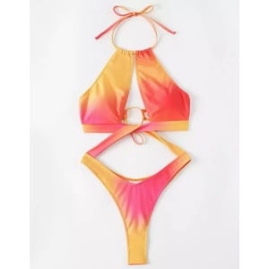 Costum de baie intreg tanga cu fusta, decupat, galben/ portocaliu, 2 piese #ZZ1950 - Img 3