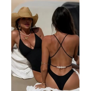 Costum de baie intreg tanga cu spatel gol si perle decorative, negru #ZZ1095