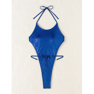 Costum de baie intreg tanga metalizat, cu spatele gol si cristale decorative, albastru #ZZ1039 - Img 3