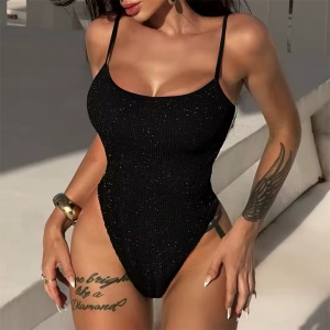 Costum de baie intreg texturat cu insertii fine de sclipici, negru #ZZ1060