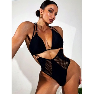 Costum de baie tanga cu decupaje și inserții de plasă, 2 piese, negru #ZZ1031 - Img 2