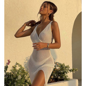 Rochie lunga de plaja tricotata fin cu spatele gol si crapatura pe picior, alb #ZZ1021 - Img 10