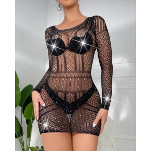 Rochie scurta sexy, elastica, cu maneca lunga si cristale decorative, negru #ZZ4593 - Img 7