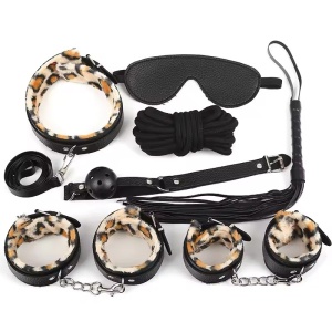 Set accesorii sexy din piele ecologica, negru/ leopard print , 7 piese #ZZ4460
