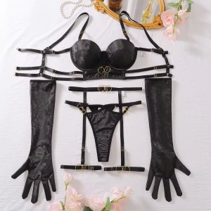 Set lenjerie intima din piele ecologica, imprimeu sarpe si manusi, negru, 5 piese #ZZ4071 - Img 9