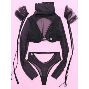 Set lenjerie intima sexy cu bluza maneca lunga, negru, 3 piese #ZZ4577 - Img 10