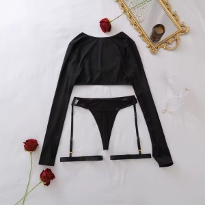 Set lenjerie intima sexy cu bluza scurta cu maneca lunga, 3 piese, negru, #ZZ4260 - Img 10