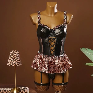 Set lenjerie intima sexy cu body, fustita si ciorapi plasa, negru/ leopard print, 3 piese #ZZ4453 - Img 4