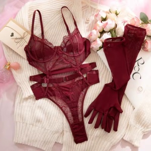 Set lenjerie intima sexy cu body si manusi lungi , visiniu, 2 piese #ZZ4291 - Img 8