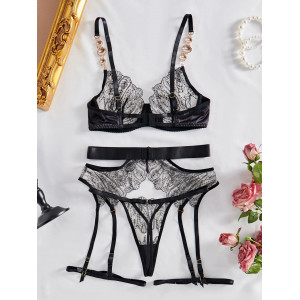 Set lenjerie intima sexy cu broderie si cristale mari decorative, negru/ nude, 4 piese #ZZ4086 - Img 10