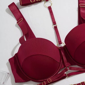 Set lenjerie intima sexy cu catarame decorative si manusi lungi , visiniu, 5 piese #ZZ4624 - Img 12