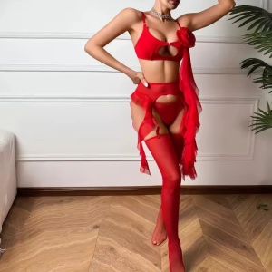 Set lenjerie intima sexy cu ciorapi inalti, roșu, 4 piese #ZZ4160 - Img 6