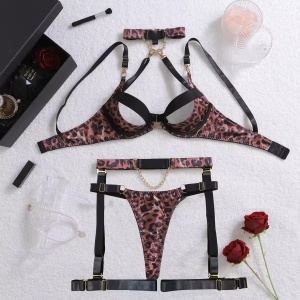 Set lenjerie intima sexy cu decupaje și imprimeu leopard, negru/ maro , 5 piese #ZZ4194 - Img 8