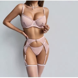 Set lenjerie intima sexy cu inele metalice decorative, roz, 4 piese#ZZ4222