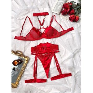 Set lenjerie intima sexy cu insertii de plasa fina, bretele si cercuri metalice decorative, rosu, 4 piese #ZZ4042 - Img 7