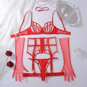 Set lenjerie intima sexy cu insertii de tul, rosu, 5 piese#ZZ4096 - Img 9