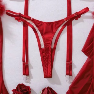 Set lenjerie intima sexy cu insertii de tul, visiniu, 6 piese#ZZ4389 - Img 12