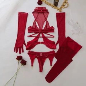 Set lenjerie intima sexy cu portjartier, ciorapi si manusi, 5 piese, visiniu, #ZZ4380 - Img 11