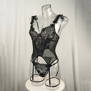 Set lenjerie intima sexy din dantela brodata cu bustiera, negru, 3 piese #ZZ4581 - Img 7