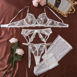 Set lenjerie intima sexy din dantela brodata cu ciorapi, alb, 4 piese #ZZ4541 - Img 11