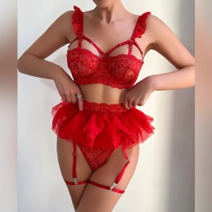 Set lenjerie intima sexy din dantela brodata cu insertii subtile aurii, rosu, 4 piese #ZZ4909