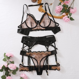 Set lenjerie intima sexy din dantela brodata, negru/ maro, 5 piese #ZZ4920 - Img 8