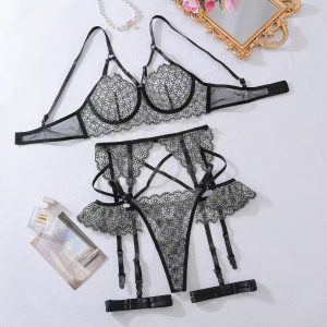Set lenjerie intima sexy din dantela cu broderie florala, negru, 4 piese #ZZ4623 - Img 10