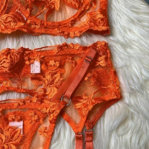 Set lenjerie intima sexy din dantela cu broderie, portocaliu, 5 piese #ZZ4321 - Img 9