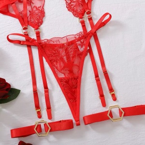 Set lenjerie intima sexy din dantela cu broderie si elemente metalice aurii, rosu, 5 piese #ZZ4257 - Img 9