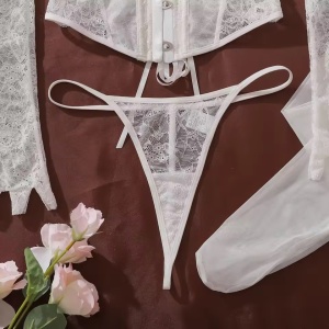 Set lenjerie intima sexy din dantela cu corset, ciorapi si manusi, 4 piese, alb, #ZZ4248 - Img 8