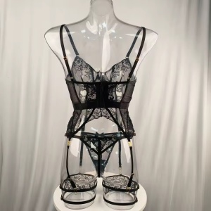 Set lenjerie intima sexy din dantela cu corset, negru, 3 piese #ZZ4580 - Img 8
