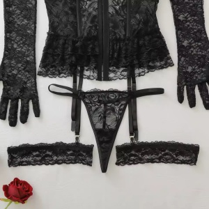 Set lenjerie intima sexy din dantela cu corset si manusi, 4 piese, negru, #ZZ4243 - Img 12