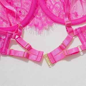 Set lenjerie intima sexy din dantela cu decupaje si accesorii metalice, roz neon, 3 piese #ZZ4665 - Img 11