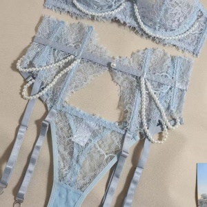 Set lenjerie intima sexy din dantela cu perle decorative, bleu, 4 piese#ZZ4009 - Img 4