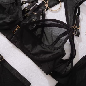 Set lenjerie intima sexy din dantela fina elastica cu manusi , negru, 5 piese #ZZ4628 - Img 9