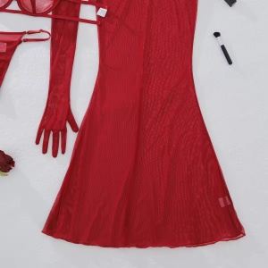 Set lenjerie intimă sexy din dantelă fină elastică, vișiniu, 4 piese #ZZ4037 - Img 10