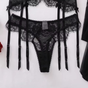 Set lenjerie intima sexy din dantela, perle dcorative , ciorapi, 4 piese, negru #ZZ4468 - Img 9
