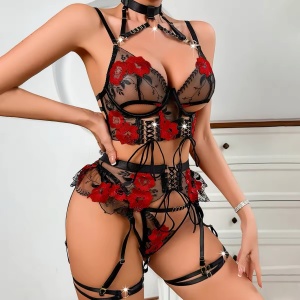 Set lenjerie intima sexy din dantelacu broderie florala, negru/ rosu, 5 piese #ZZ4383 - Img 7