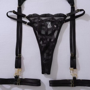Set lenjerie intima sexy din dantelată brodată cu mănuși, negru, 5 piese #ZZ4398 - Img 9