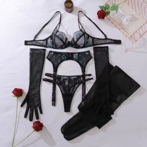 Set lenjerie intima sexy din dantelată brodată cu mănuși și ciorapi, negru, 5 piese #ZZ4295 - Img 9
