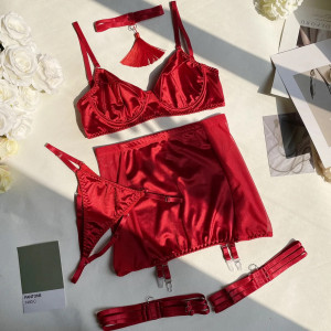 Set lenjerie intima sexy din material satinat si inserii de dantela fina, rosu, 5 piese #ZZ4066 - Img 8