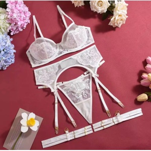 Set lenjerie intima sexy din tul nude si broderie florala , alb/ nude, 4 piese #ZZ4327 - Img 10