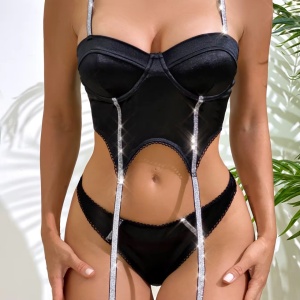 Set lenjerie intima sexy satinata cu benzi argintii decorative, 2 piese, negru, #ZZ4979