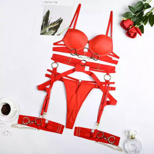 Set lenjerie intima sexy satinata cu catarame si lantisoare aurii, rosu, 4 piese #ZZ4083 - Img 8