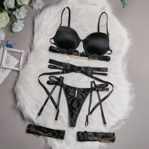Set lenjerie intima sexy satinata cu catarame si lantisoare aurii, negru, 4 piese #ZZ4031 - Img 8