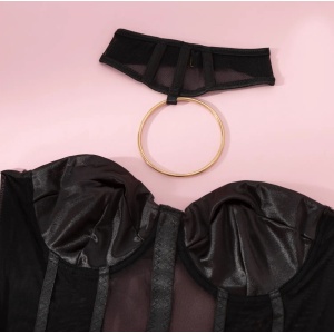 Set lenjerie intima sexy satinata cu choker si manusi lungi, negru, 4 piese #ZZ4235 - Img 9