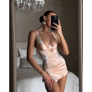 Set lenjerie intima sexy satinata cu rochie de noapte si chilot, roz, 2 piese #ZZ4669 - Img 3